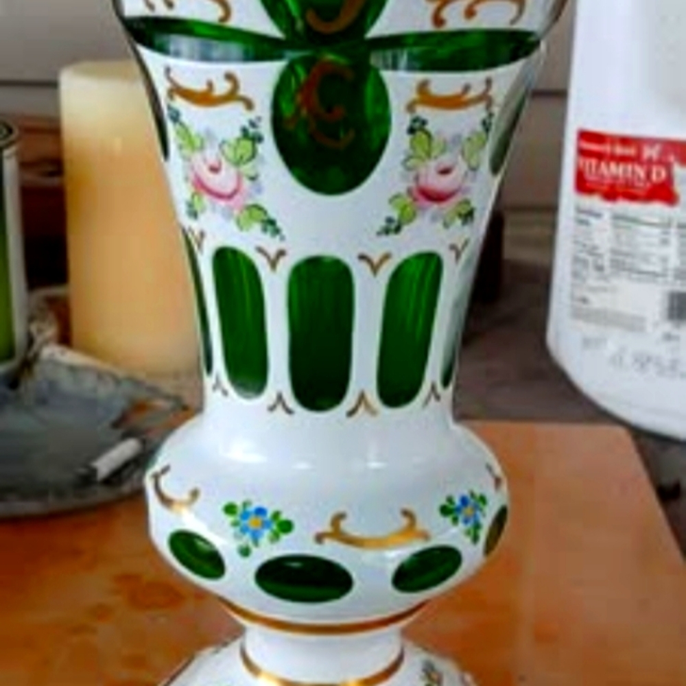 Antique Bohemian Green Cut to Clear Hand Painted Czech Glass Vase